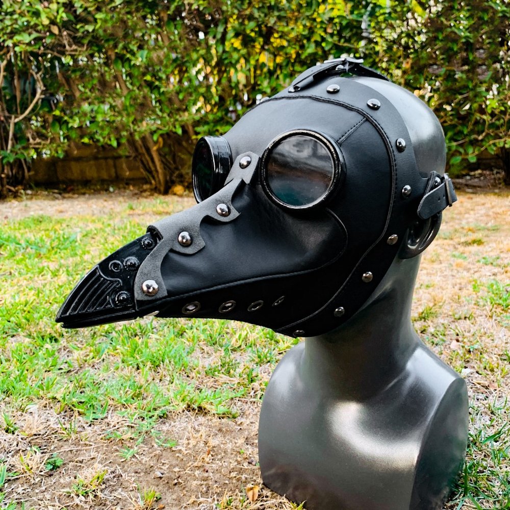 Black Leather Plague Doctor Dark Lens Goggles Masquerade Venetian Party Mask